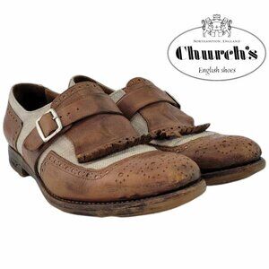 AUTHENTIC Church's Shanghai Monk Straps in calfskin and fabric - Brandy/Ecru